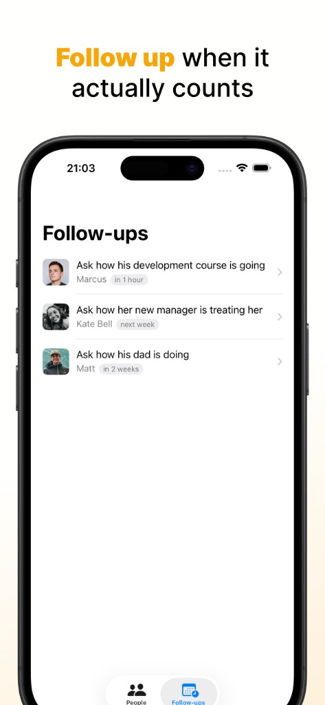 Follow-ups list with upcoming reminders for people in Nugget