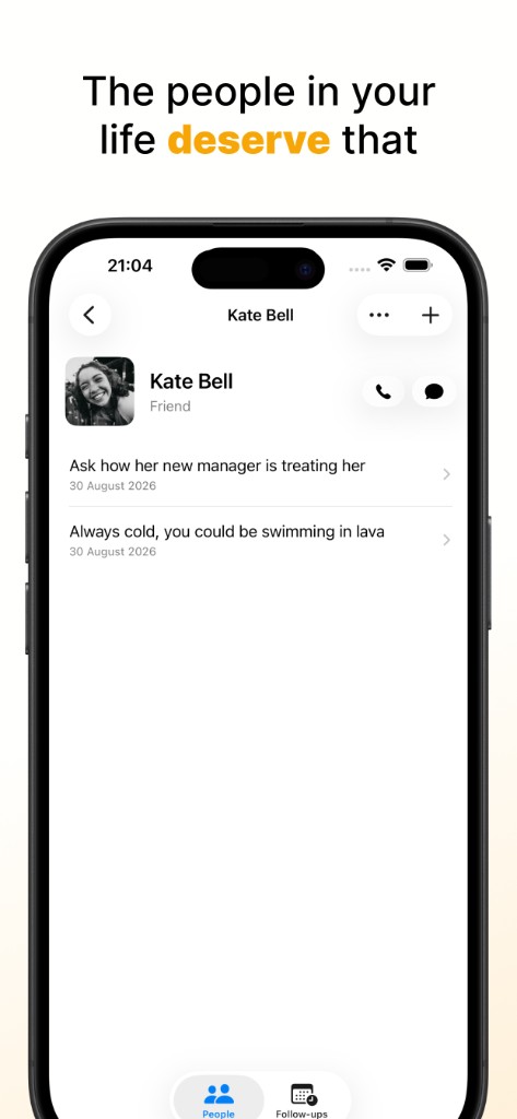 Person screen for Kate Bell with nuggets and call and message actions