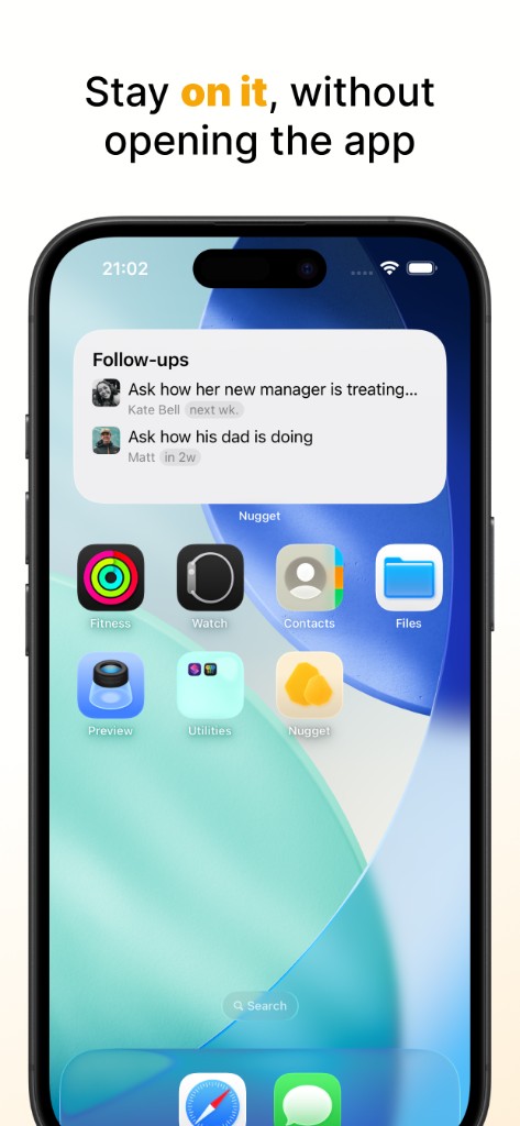 Nugget Home Screen widget showing upcoming follow-ups
