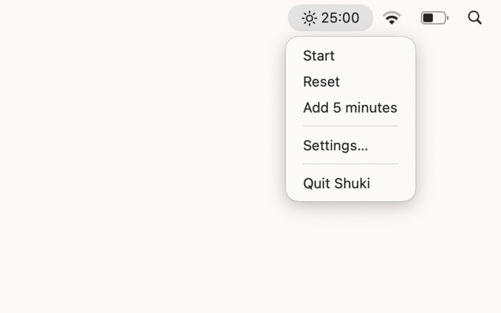 Shuki in the macOS menu bar with the timer dropdown open