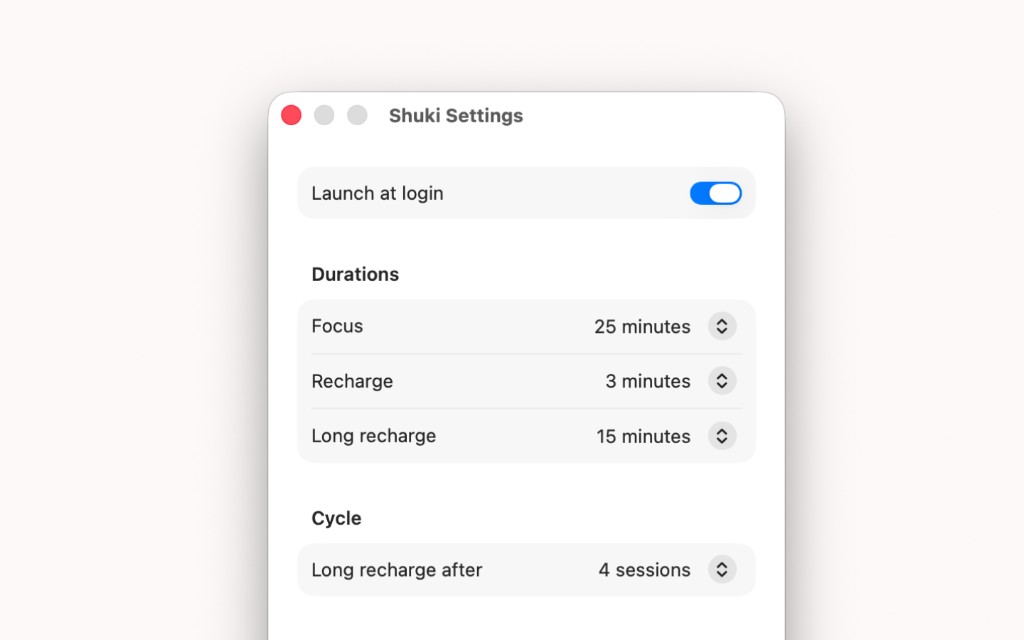 Shuki settings for launch at login, durations, and cycle